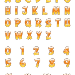 Peut inclure: Un ensemble complet de l'alphabet et des chiffres dans un style de dessin animé. Chaque lettre et chiffre est rendu avec un dégradé orange et jaune vif, avec un aspect brillant et en forme de bulle. L'ensemble comprend les lettres A à Z, les chiffres 0 à 9 et des indicateurs ordinaux.