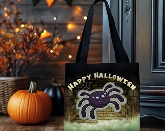 Kids Halloween Trick or Treat Tote Bag w Cute Funny Cartoon Spider with the words 'Happy Halloween' Gift for Kids to go Trick-or-Treating