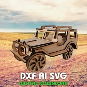 May include: A wooden toy jeep with a detailed design, including wheels, a roll cage, and front bumper. The jeep is light brown and set against a backdrop of a dirt road and sky. Text at the bottom reads "DXF AI SVG DIGITAL DOWNLOAD."