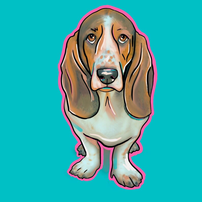 May include: A cartoon illustration of a basset hound dog with brown and white fur. The dog is looking at the viewer with a curious expression. The background is a solid turquoise blue.