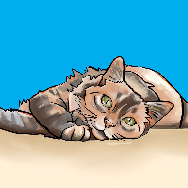 May include: A brown and black tabby cat with green eyes is lying on its side with its head resting on its paws. The cat is looking at the camera with a relaxed expression.