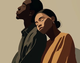Black Couple Wall Art, Romantic Black Love Print, African American Couple Art, Minimalist Neutral Bedroom Decor, Modern Love Illustration