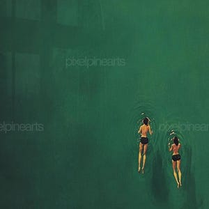 Swimming Wall Art, Aerial Swimmers Print, Green Water Art, Tiny People Swimming, Minimalist Summer Decor, Retro Pool Artwork