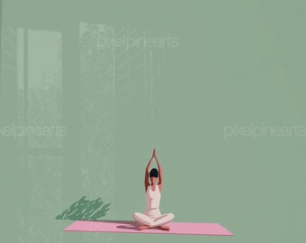 Yoga Wall Art, Minimalist Yoga Print, Green Wellness Decor, Woman Meditation Poster, Calm Fitness Room Art, Pilates Studio Printable