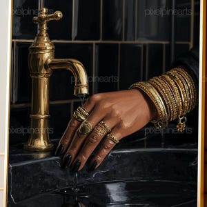 Gold Bathroom Wall Art, Black and Gold Glam Print, Luxury Vanity Decor, Feminine Hand Illustration, Chic Bathroom Printable Art