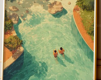 Decoración de pared para piscina, lámina de nadadores aéreos, póster vintage de verano para piscina, decoración de resort tropical, arte retro de natación, imprimible para la piscina.