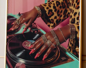 Arte de DJ mujer negra, lámina de tocadiscos de vinilo, decoración de pared de música retro, obra de arte de moda Y2K, póster de DJ afrocentrista