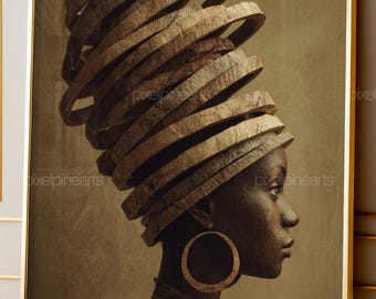 Black Woman Wall Art, African Woman Portrait, Statement Headwrap Print, Neutral Afrocentric Decor, Modern Feminine Printable Art