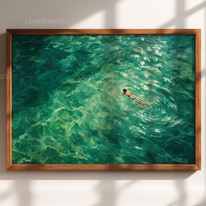 スイミングプールの壁アート、エメラルドグリーンのスイマーのプリント、空中からのプールの絵画、モダンな夏の装飾、海岸のデジタルダウンロード