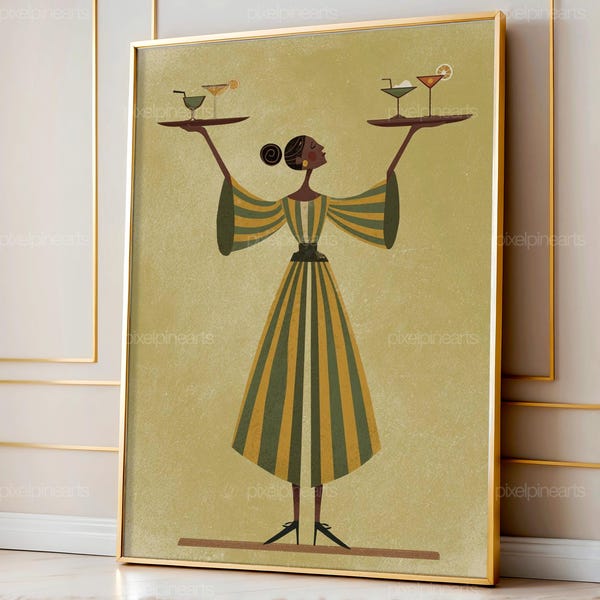 Black Woman Cocktail Server Art, Whimsical Bar Illustration, Modern Folk Wall Decor, Fun Drink Artwork, Digital Download