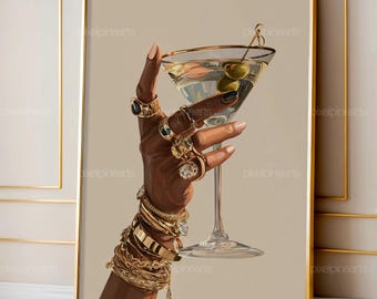 Black Woman Cocktail Art | Martini Glass Illustration | Elegant Fashion Wall Print | Modern Minimal Decor
