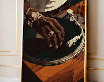 Hip Hop DJ Wall Art, Black Man Spinning Vinyl Print, Rap Music