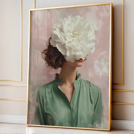 Whimsical Asian Floral Woman Print, Pink and Green Abstract Face Art, Modern Botanical Fashion Portrait, Feminine Digital Wall Decor