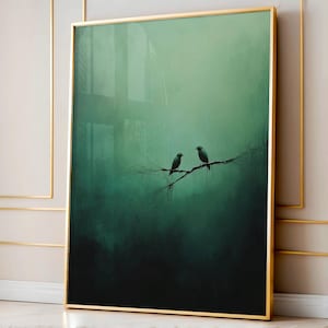 Green Abstract Digital Painting, Green Wabi-Sabi Decor, Sparrow Wall Art, Landscape Animal Painting, Green Room Wall Art