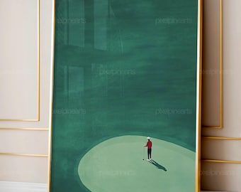 Cyfrowy wydruk golfowy, zielona grafika ścienna z motywem golfa dla mężczyzn, plakat z motywem golfa z połowy XX wieku, minimalistyczny wydruk golfowy, cyfrowa grafika ścienna do biura golfowego