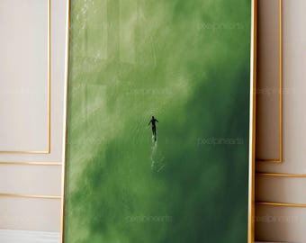 Green Ocean Wall Art, Aerial Swimmer Print, Minimalist Coastal Art, Abstract Green Water Poster, Summer Beach Decor, Digital Download