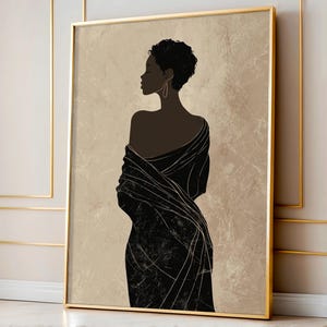 Over the Shoulder Black Woman Print | Afrocentric Minimalist Neutral Wall Art | African American Elegant Poster Illustration