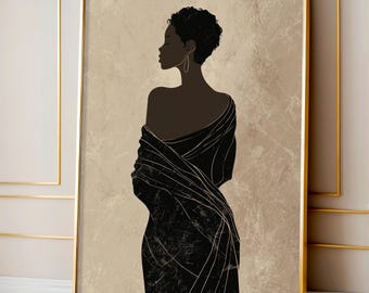 Over the Shoulder Black Woman Print | Afrocentric Minimalist Neutral Wall Art | African American Elegant Poster Illustration