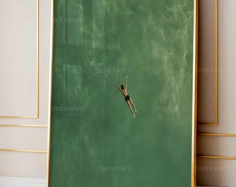 Green Swimming Wall Art, Woman Diving Print, Minimalist Ocean Swimmer Art, Emerald Green Coastal Decor, Digital Download