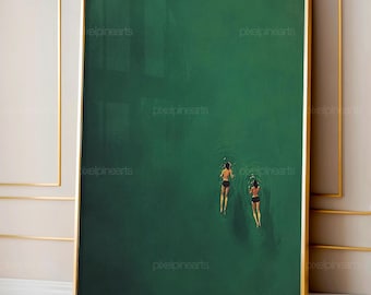 Nager dans la peinture abstraite verte, art mural vintage vert d'eau, art rétro vert vacances, art vert minimaliste, cadeau numérique