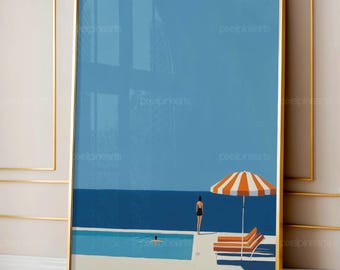 Swimming Pool Print Download, Retro Swimming Art, Summer Print, Sea Poster, Swim Print, Minimalist Wall Decor, Printable Swimming Wall Art