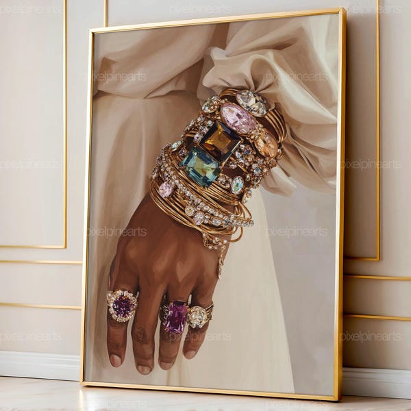 Statement Jewelry Hand Art, Black Woman Glam Illustration, Gold Bangles Fashion Print, Modern Luxury Wall Art