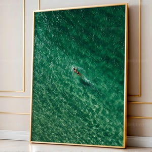 May include: An aerial view art print of a swimmer in emerald green water. The swimmer is wearing a black swimsuit and cap, creating a contrast against the water. The artwork is framed in a gold-colored frame.