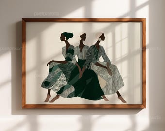 May include: A framed art print featuring three stylized figures in long dresses. The figures are depicted in shades of green, white, and black, with geometric patterns on their clothing. The artwork is set against a neutral background.