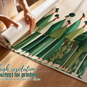 Puede incluir: Un rollo de impresi&oacute;n art&iacute;stica con un patr&oacute;n repetido de figuras estilizadas en varios tonos de verde. Las figuras visten vestidos y sombreros. La impresi&oacute;n se est&aacute; desenrollando sobre una superficie de madera. El texto "alta resoluci&oacute;n" y "disponible en diferentes tama&ntilde;os" es visible.