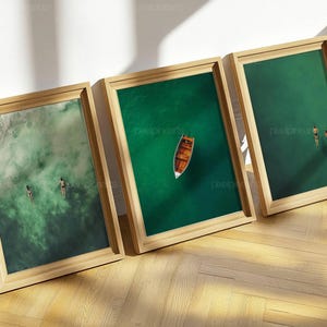 Floating and Boating Abstract Green Art, Minimalist Retro Water Wall Print, Aerial Summer Digital Art, Calm Holiday Poster