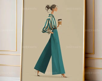 Modern Fashion Illustration Woman, Minimal Chic Female Wall Art, Neutral Outfit Poster, Contemporary Style Decor
