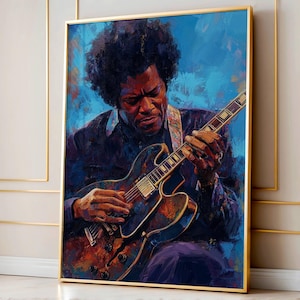 Jazz Afro Guitarist Wall Art, African American Musician Poster, Blue Retro Digital Art for Kitchen or Living Room Decor