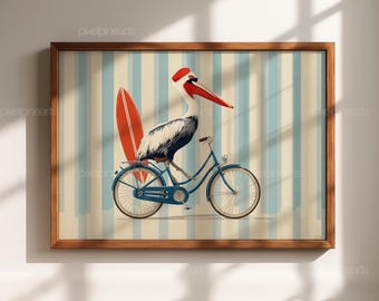 Pelikan-Wandbild, Küstentier-Print, Pelikan auf Fahrrad, Vintage-Stranddeko, Surf-Kinderzimmerposter, Verspielter Digitaldruck