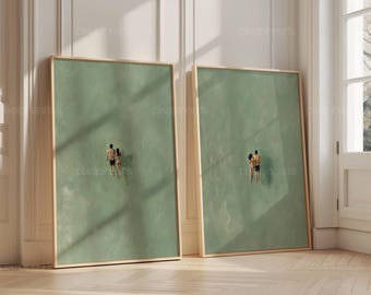 グリーンの抽象的な壁画、泳ぐカップルの絵画、ミニマリストの夏のアート、ビーチ好きへのギフト、グリーンのテクスチャのデジタルダウンロードプリント