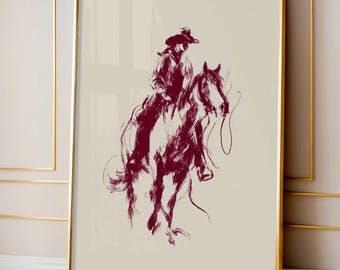 Cowgirl on Horse Brushstroke Print, Burgundy Western Wall Art, Minimalist Editorial Cowgirl Art, Digital Western Fashion Poster