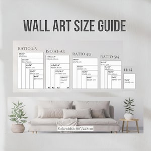 May include: A wall art size guide with dimensions in inches and centimeters. The guide displays various aspect ratios, including 2:3, 4:5, and 3:4, with corresponding sizes like 24x36 inches (61x91 cm) and 20x30 inches (50x76 cm). A sofa with a 90-inch (228cm) width is shown below.