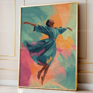 May include: A framed art print featuring a woman in a flowing teal dress with arms outstretched, set against a vibrant abstract background of teal, orange, and pink brushstrokes. The woman is smiling with her head tilted back.