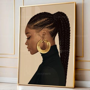 May include: A framed art print featuring a side profile of a person with dark skin, wearing large gold hoop earrings and a black turtleneck. The person's hair is styled in intricate braids and a long ponytail. The artwork has a neutral background.
