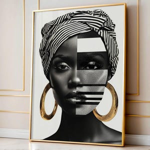 Elegant Black Woman Art, Afro Chic Portrait, Digital African Collage, Gold Earrings, Modern Bold Afrocentric Illustration