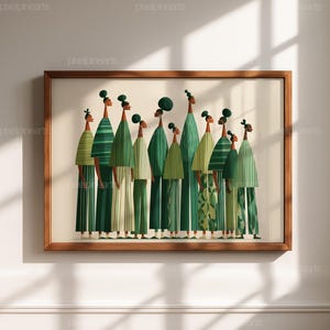 Puede incluir: Una impresi&oacute;n art&iacute;stica enmarcada que presenta un grupo de figuras estilizadas en varios tonos de verde. Las figuras tienen cuellos alargados y visten vestidos largos o t&uacute;nicas con diferentes patrones. La obra de arte se muestra en un marco de madera.