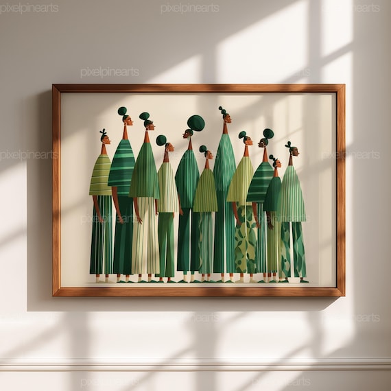 Afrocentric Community Wall Art, Modern Black People Illustration, Green Cultural Artwork, Contemporary African Decor