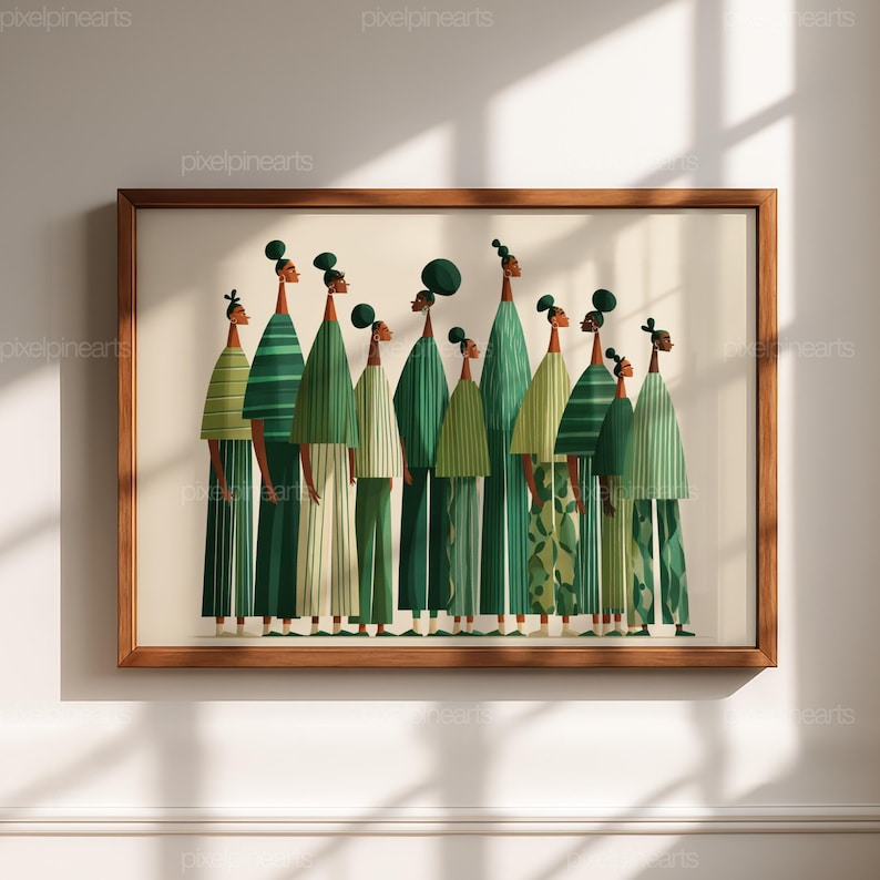 Puede incluir: Una impresi&oacute;n art&iacute;stica enmarcada que presenta un grupo de figuras estilizadas en varios tonos de verde. Las figuras tienen cuellos alargados y visten vestidos largos o t&uacute;nicas con diferentes patrones. La obra de arte se muestra en un marco de madera.