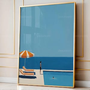 Digital nedladdning av retro simkonst, simbassängtryck, minimalistisk väggdekor, sommartryck, havsaffisch, simbassängtryck, utskrivbar väggkonst