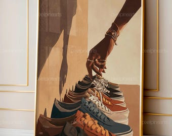 Sneaker Collection Woman Art Print, Female Sneakerhead Poster, Stylish Black Girl Streetwear Wall Art, Urban Sneaker Culture Illustration
