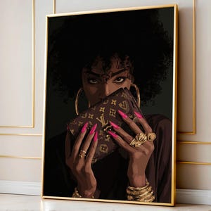 May include: A framed art print featuring a woman with dark skin and curly black hair. She holds a brown designer handbag with pink nails and gold jewelry. The artwork has a dark, moody aesthetic.