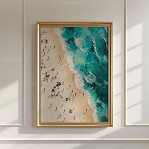 Été océan imprimable minuscules personnes natation décoration murale rétro coloré affiche vue aérienne de la plage impression minimaliste décoration de maison de plage image 2