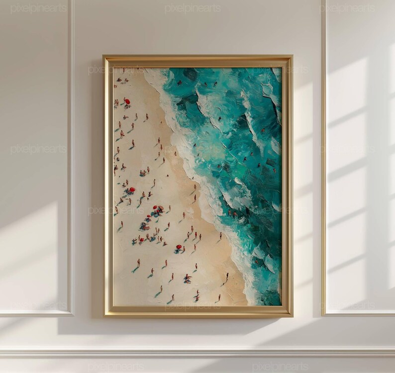 Été océan imprimable minuscules personnes natation décoration murale rétro coloré affiche vue aérienne de la plage impression minimaliste décoration de maison de plage image 2