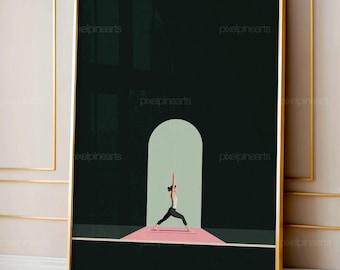 May include: A framed art print featuring a minimalist illustration of a person practicing yoga. The artwork depicts a figure in a yoga pose on a pink mat, set against a dark green background with a light green archway. The frame is gold.