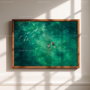 Holding Hands Swimming Print | Retro Abstract Pool Artwork | Minimalist Summer Ocean Wall Decor | Digital Green Water Art