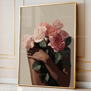 Illustrazione di donna con rose / Elegante arte digitale minimalista / Stampa murale femminile dai toni neutri e delicati